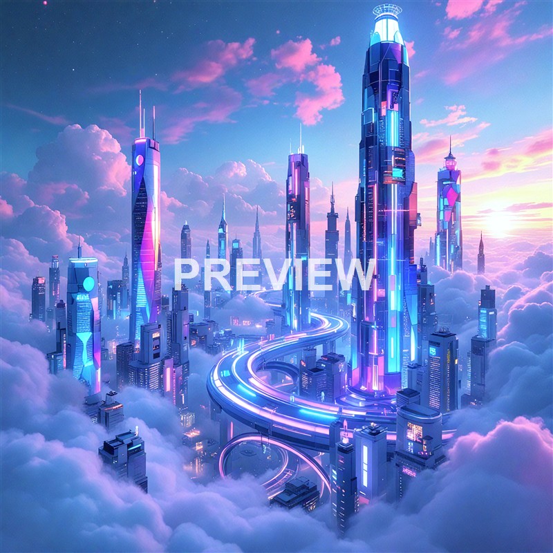 A futuristic cityscape with tall, sleek skyscrapers illuminated in neon colors, floating above clouds during a sunset or sunrise.